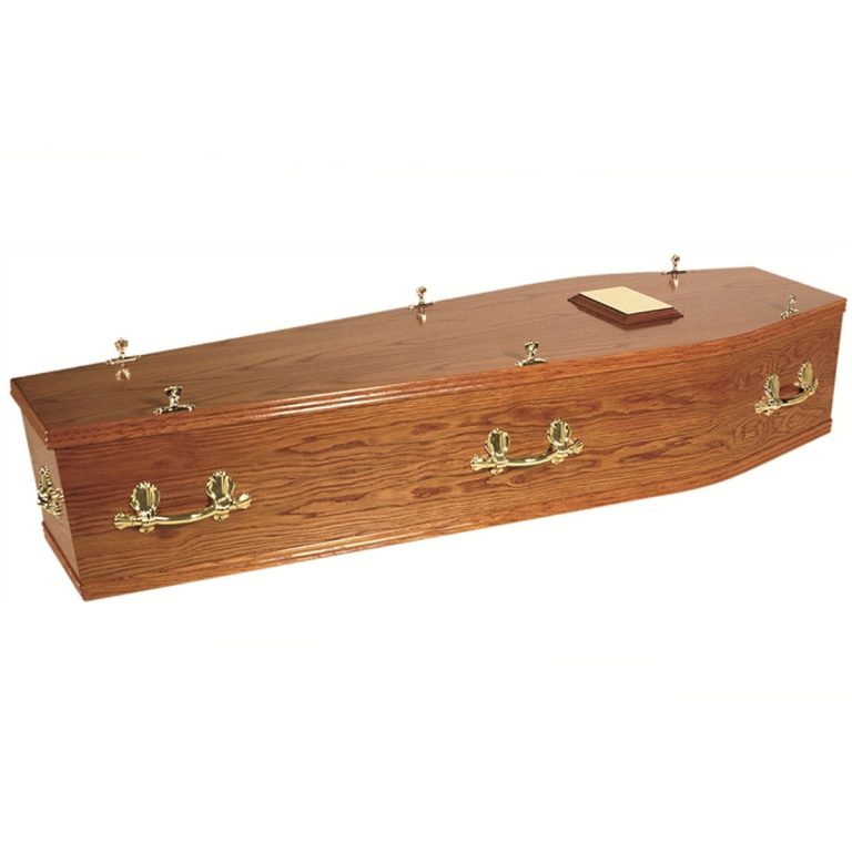 The Islay Oak style veneer coffn with a light Teak polish.