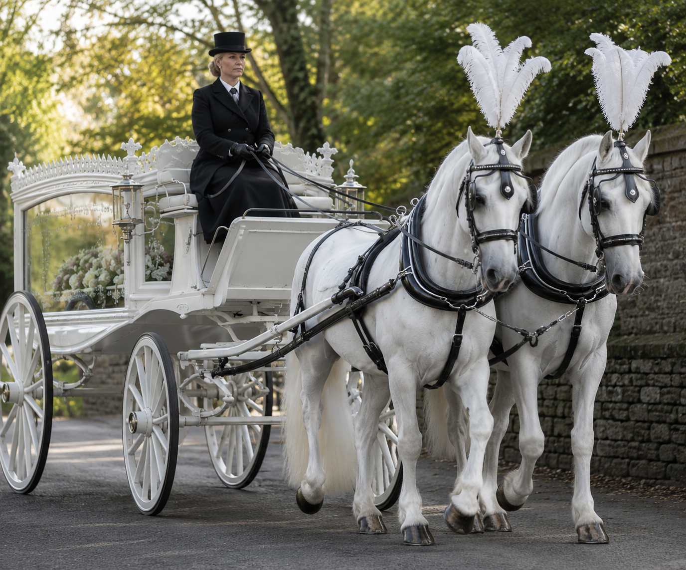 Horse-drawn hearse funeral with two white horses