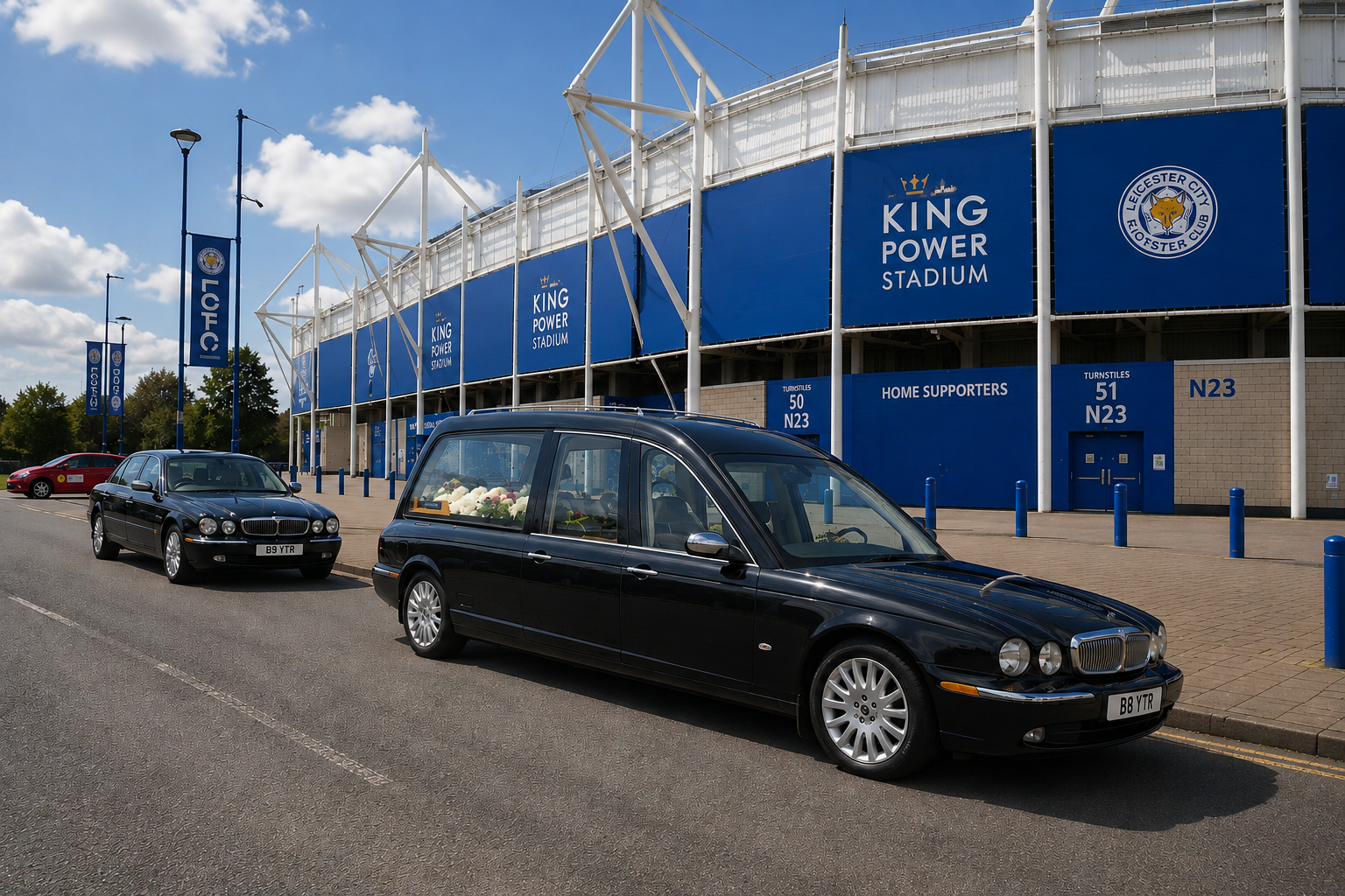Bay Tree Funerals hearse outside King Power Stadium Leicester