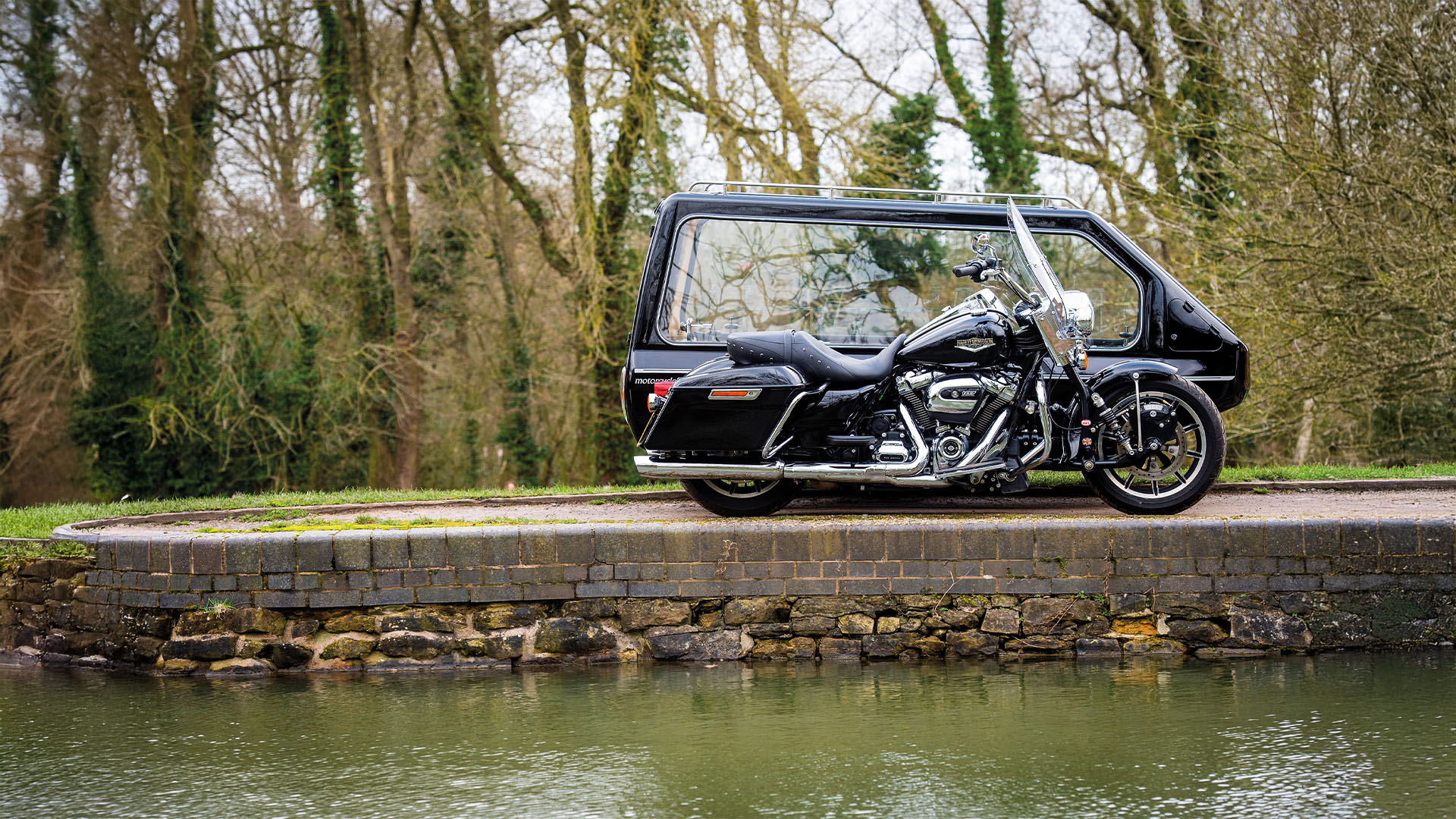 Harley Davidson motorcycle hearse for a funeral in Leicester