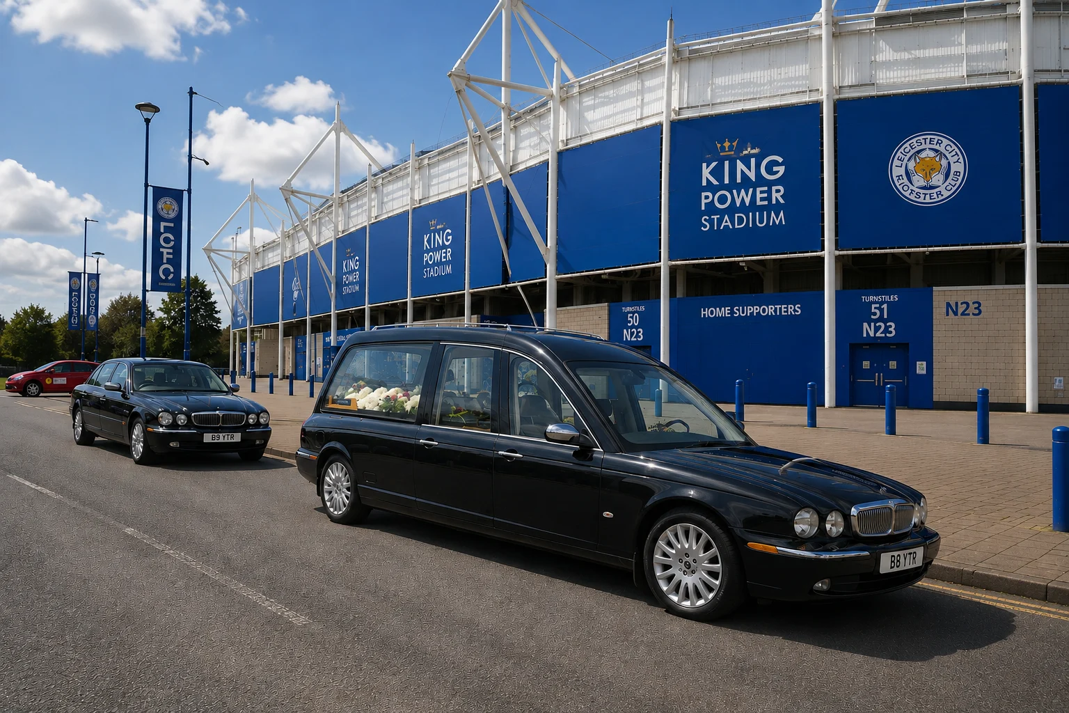 Bay Tree Funerals hearse outside King Power Stadium Leicester